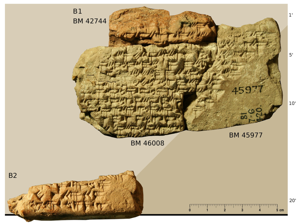 Fragmente einer Keilschrifttafel mit einer mathematischen Tabelle, Foto/Collage: Mathieu Ossendrijver © Trustees of the British Museum